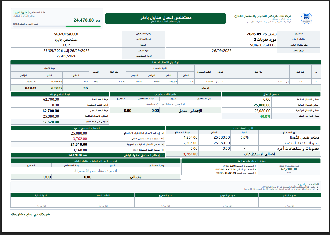 مستخلصات المالك ومقاولي الباطن